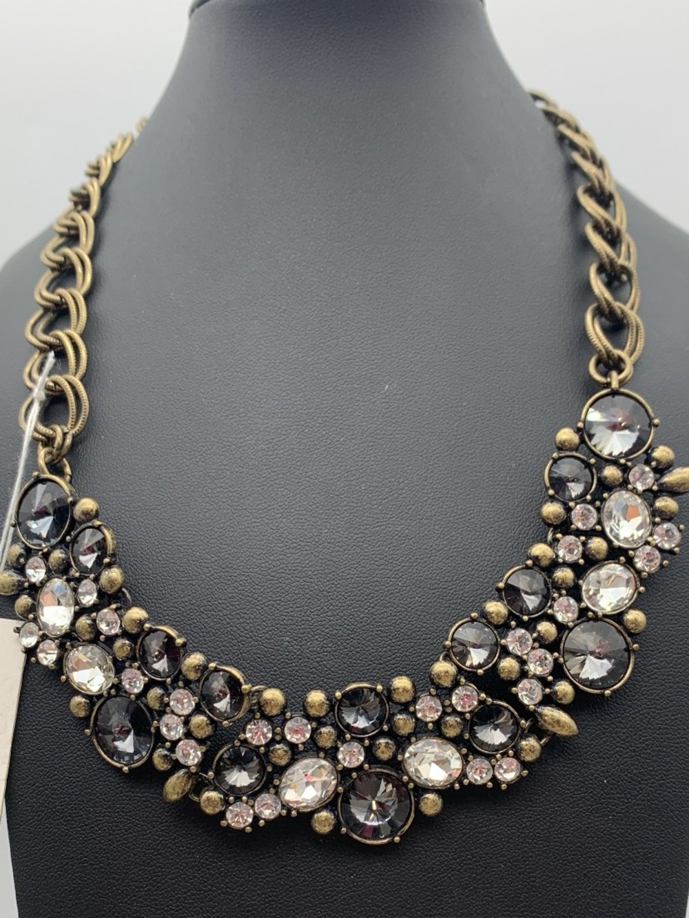 Statement Crystal Bib Necklace - Antique Gold tone with Clear and Smoky Crystals